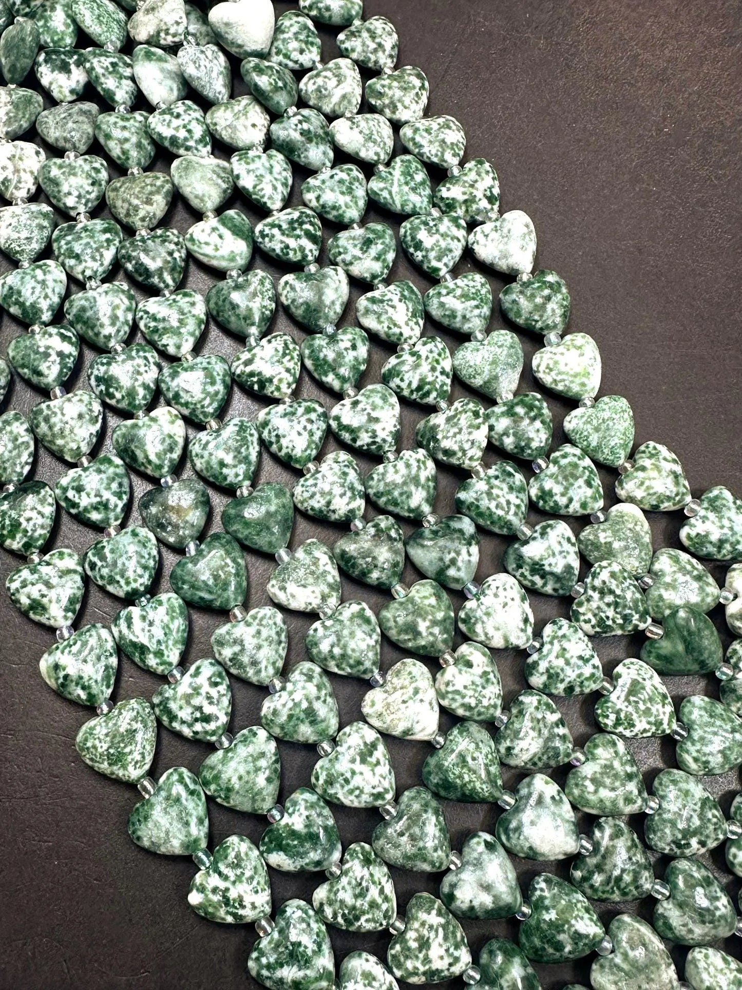 Natural Tree Agate Heart Shaped Bead 14mm. Gorgeous green white color gemstone bead. Great quality 15"