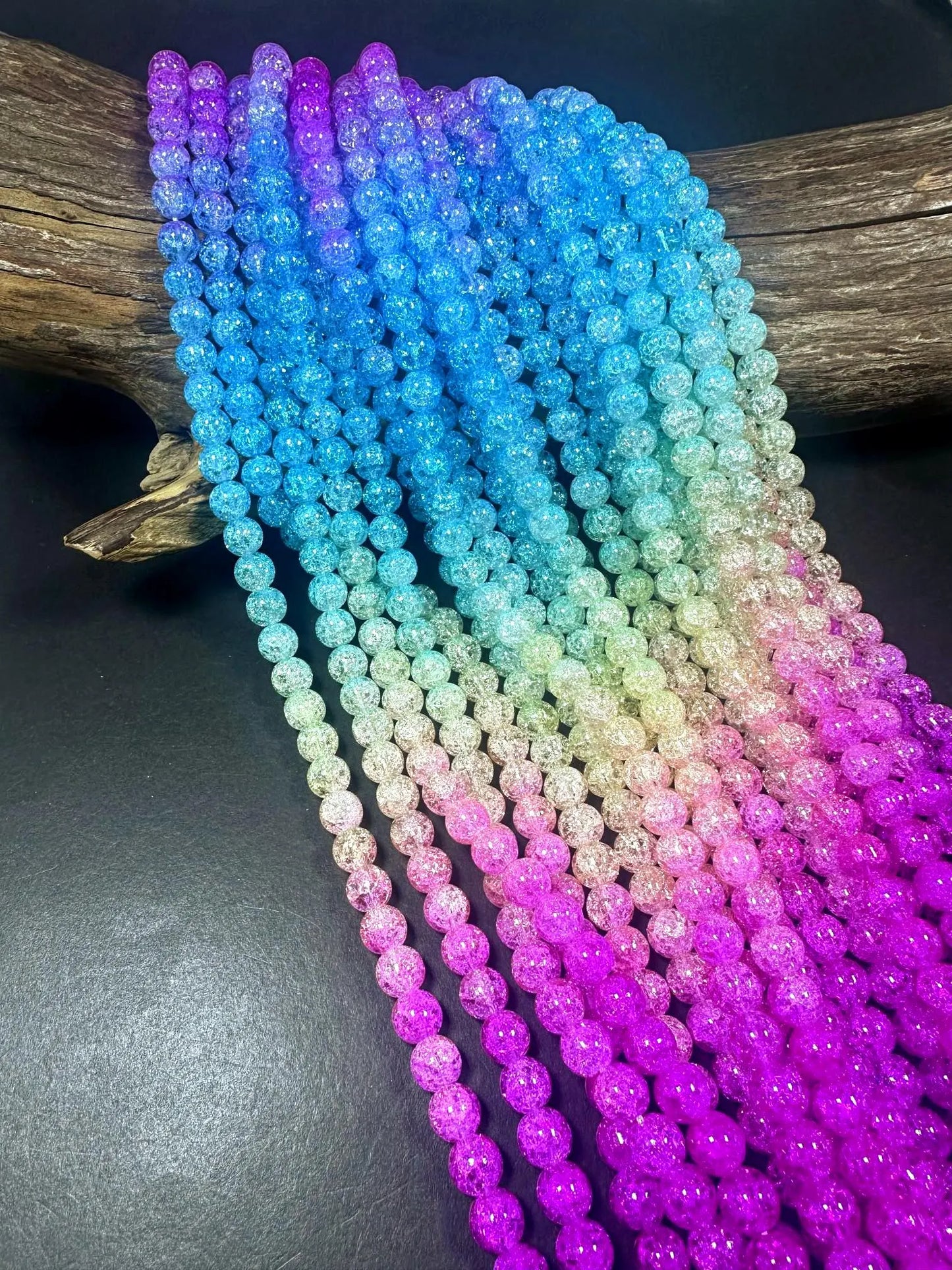 Gorgeous Hot Pink-Sky Blue-Light Yellow Three Shaded Crystal Crack Bead Smooth Round Shape High Quality 15.5"