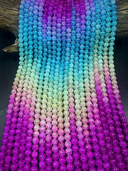 Gorgeous Hot Pink-Sky Blue-Light Yellow Three Shaded Crystal Crack Bead Smooth Round Shape High Quality 15.5"