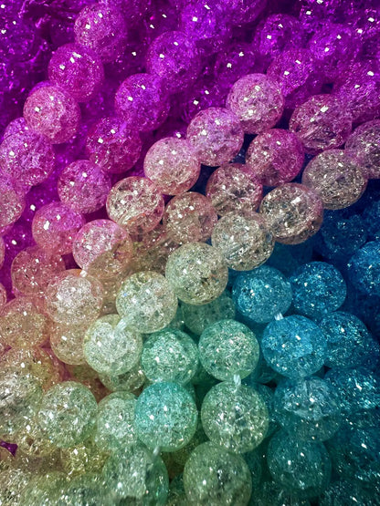 Gorgeous Hot Pink-Sky Blue-Light Yellow Three Shaded Crystal Crack Bead Smooth Round Shape High Quality 15.5"