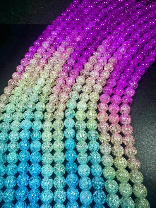 Gorgeous Hot Pink-Sky Blue-Light Yellow Three Shaded Crystal Crack Bead Smooth Round Shape High Quality 15.5"