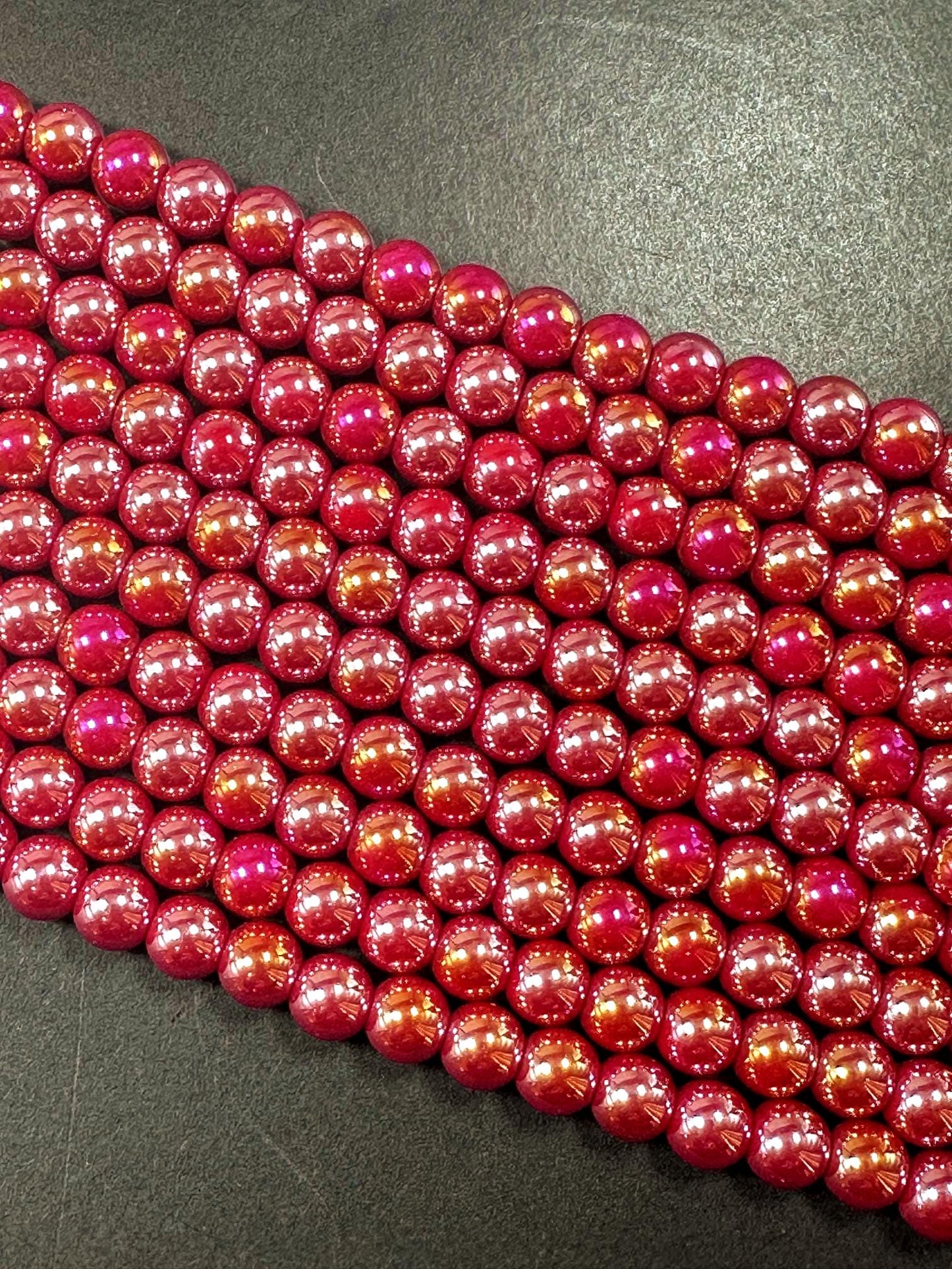 Beautiful Red Crystal Glass Pearl Bead. Round shape bead. Gorgeous high quality crystal bead! Full strand 15.5"