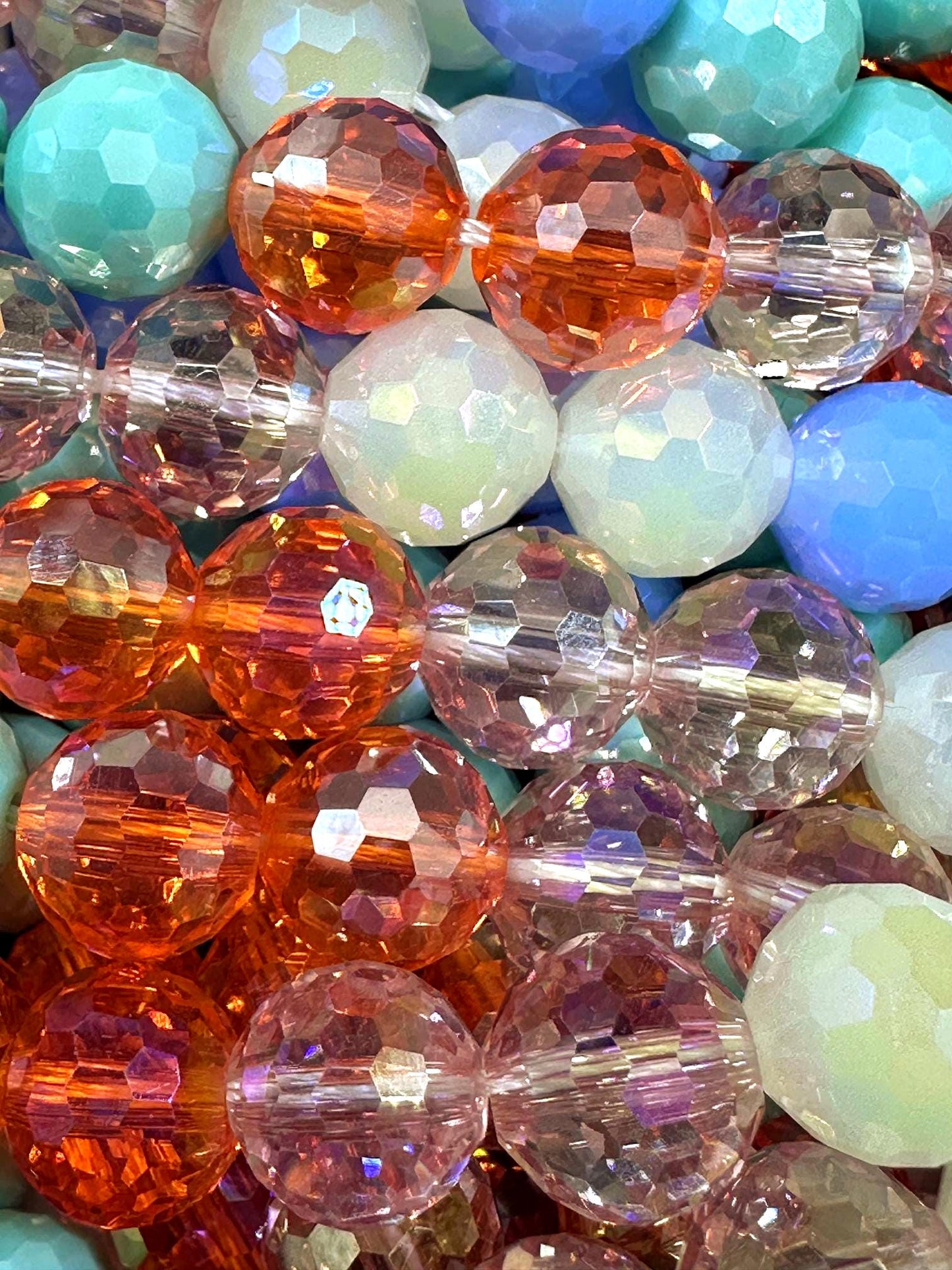 Beautiful Multicolor Crystal Glass Bead (White, Light Blue, Mint Green, Orange, Pink) 10mm Faceted Round Shape Bead. High Quality 15.5"