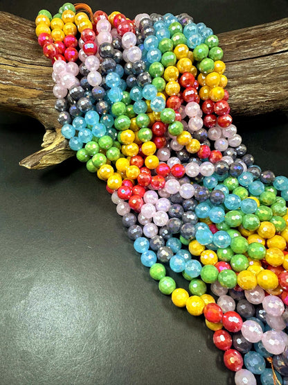 Beautiful Multicolor Rainbow Crystal Glass Bead (Yellow, Green, Blue, Purple, Pink, Red) 10mm Faceted Round Shape Bead. High Quality 15.5"
