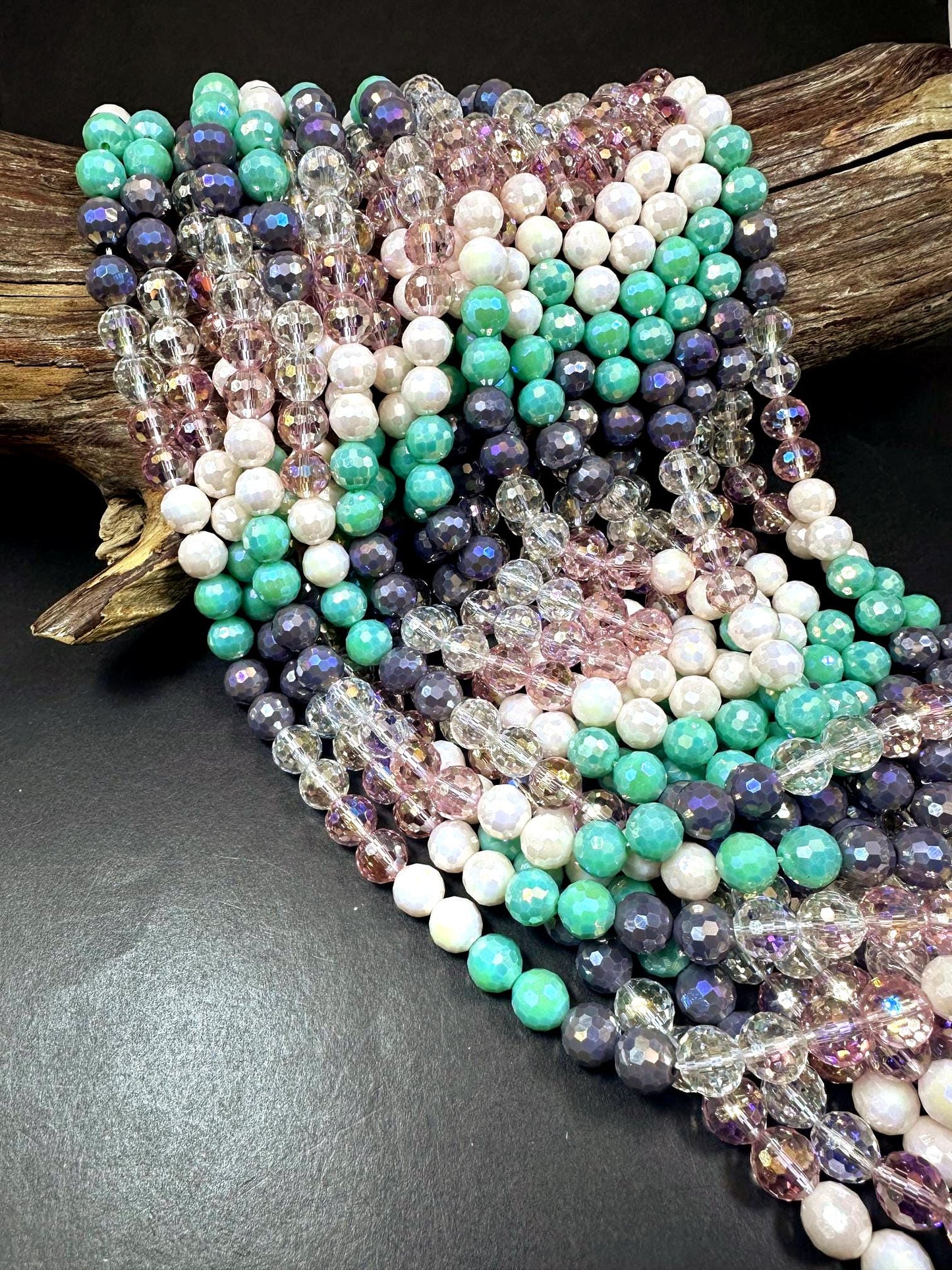 Beautiful Multicolor Crystal Glass Bead (White, Mint Green, Purple, Clear Pink, Clear) 10mm Faceted Round Shape Bead. High Quality 15.5"