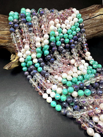 Beautiful Multicolor Crystal Glass Bead (White, Mint Green, Purple, Clear Pink, Clear) 10mm Faceted Round Shape Bead. High Quality 15.5"