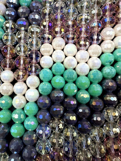 Beautiful Multicolor Crystal Glass Bead (White, Mint Green, Purple, Clear Pink, Clear) 10mm Faceted Round Shape Bead. High Quality 15.5"