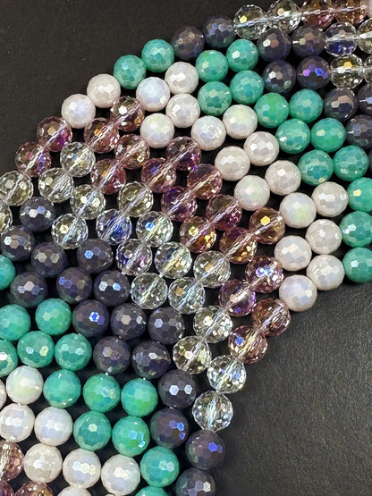 Beautiful Multicolor Crystal Glass Bead (White, Mint Green, Purple, Clear Pink, Clear) 10mm Faceted Round Shape Bead. High Quality 15.5"