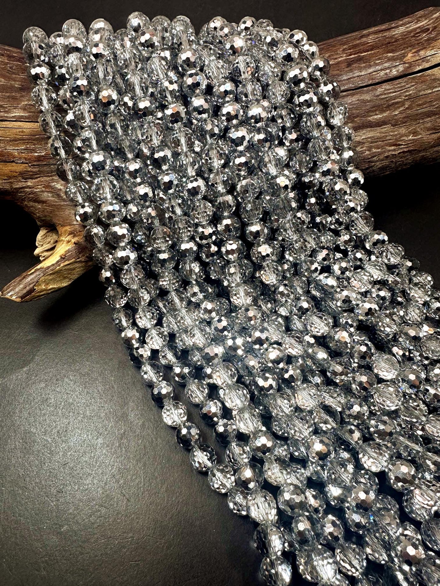 Beautiful Silver Multi-Pattern Crystal Glass Bead. Faceted Round Shape, Gorgeous Silver Color, High Quality Crystal Bead! Full Strand 15.5"