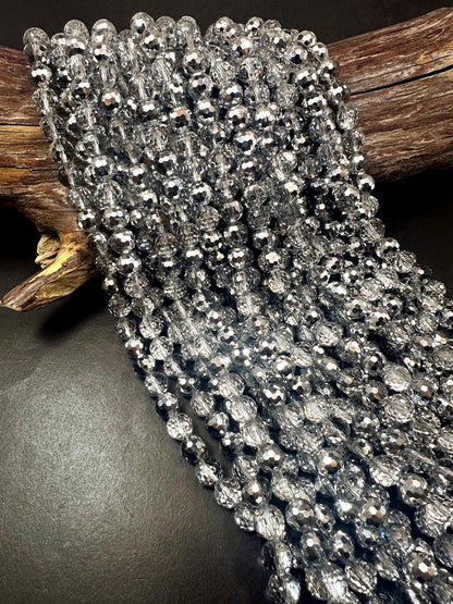 Beautiful Silver Multi-Pattern Crystal Glass Bead. Faceted Round Shape, Gorgeous Silver Color, High Quality Crystal Bead! Full Strand 15.5"