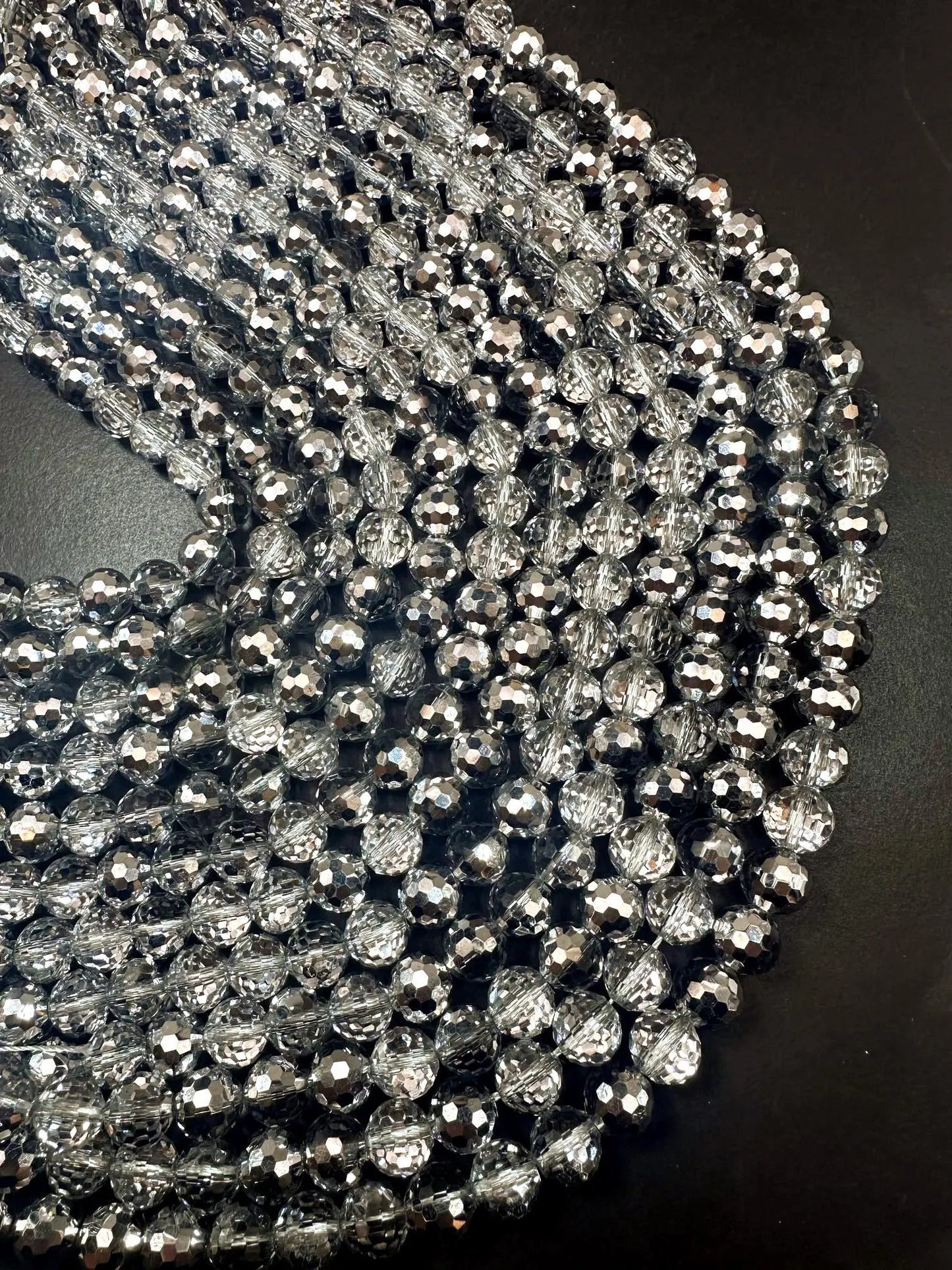 Beautiful Silver Multi-Pattern Crystal Glass Bead. Faceted Round Shape, Gorgeous Silver Color, High Quality Crystal Bead! Full Strand 15.5"