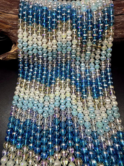 Beautiful Multicolor Crystal Glass Bead (White, Baby Blue, Blue, Clear Yellow, Clear) 10mm Faceted Round Shape Bead. High Quality 15.5"