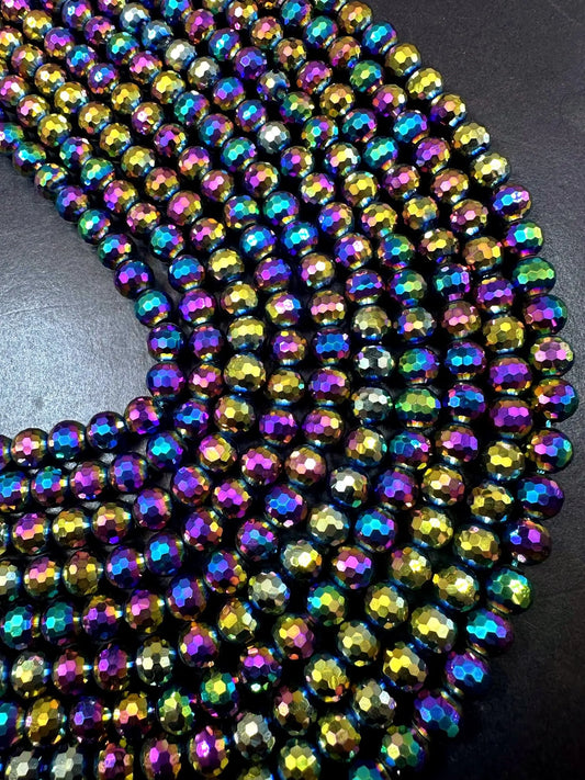 Beautiful Rainbow Galaxy Hematite Gemstone Bead, Faceted Round Beads, Gorgeous Gunmetal Multicolor Color Loose Beads Full Strand 15.5"&nbsp;
