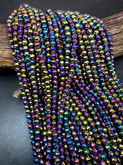Beautiful Rainbow Galaxy Hematite Gemstone Bead, Faceted Round Beads, Gorgeous Gunmetal Multicolor Color Loose Beads Full Strand 15.5"&nbsp;
