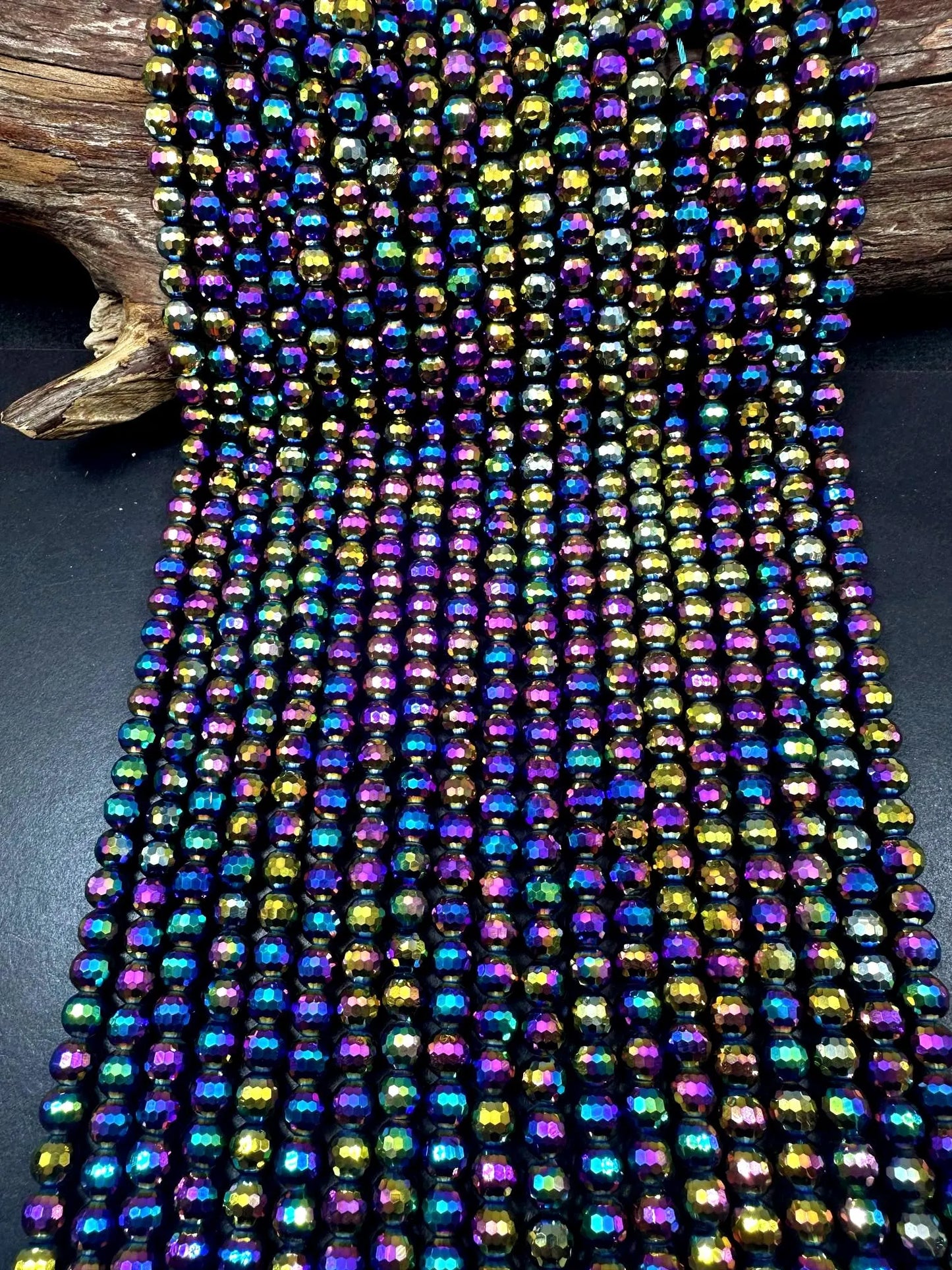 Beautiful Rainbow Galaxy Hematite Gemstone Bead, Faceted Round Beads, Gorgeous Gunmetal Multicolor Color Loose Beads Full Strand 15.5"&nbsp;