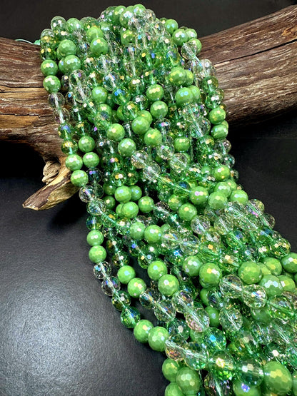 Beautiful Multicolor Crystal Glass Bead (Light Green. Clear Green, Clear) Faceted Round Shape Bead. High Quality 15.5"