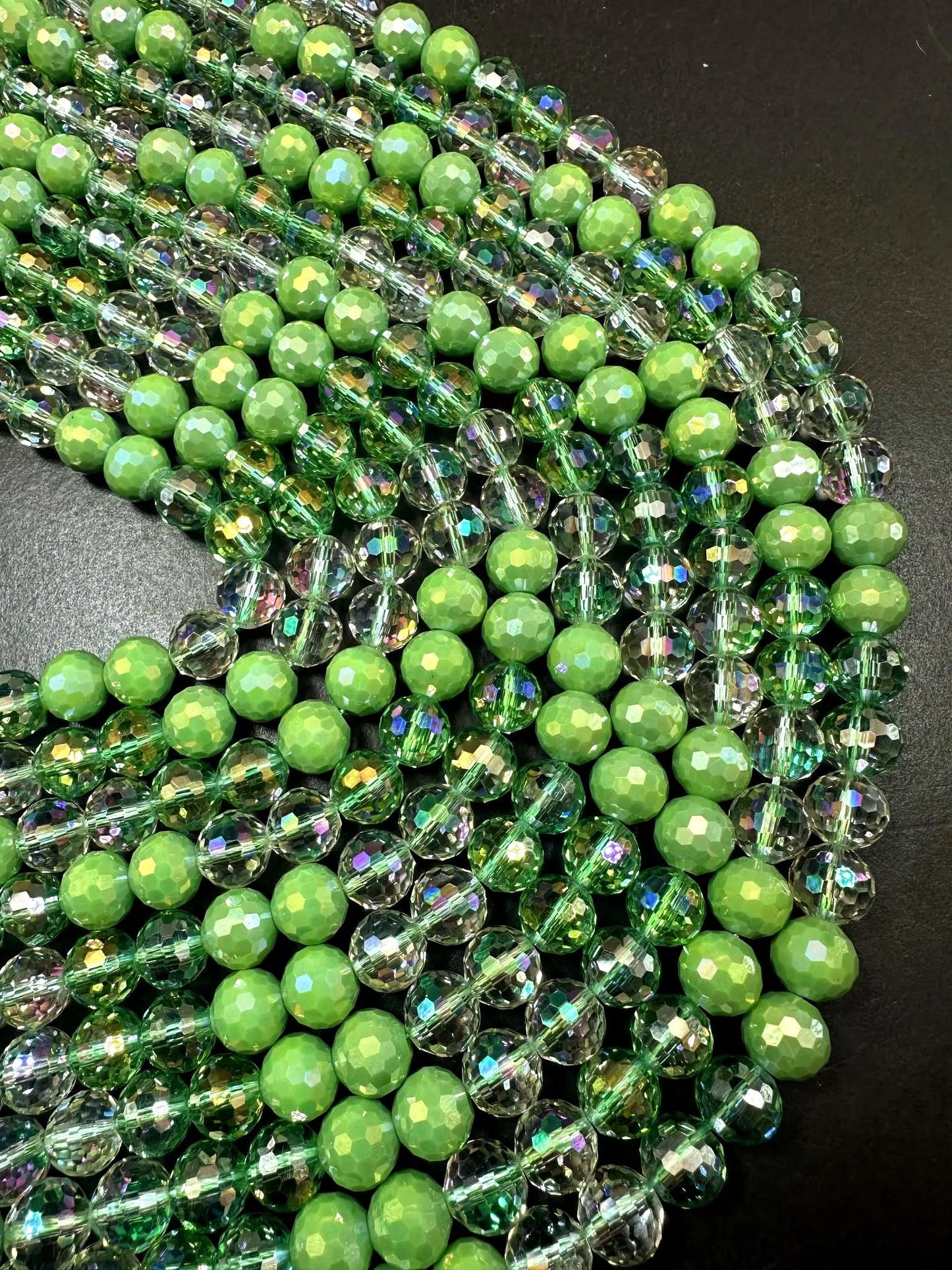 Beautiful Multicolor Crystal Glass Bead (Light Green. Clear Green, Clear) Faceted Round Shape Bead. High Quality 15.5"