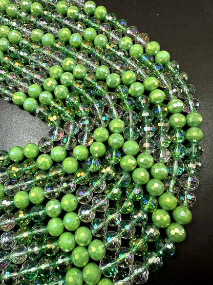 Beautiful Multicolor Crystal Glass Bead (Light Green. Clear Green, Clear) Faceted Round Shape Bead. High Quality 15.5"