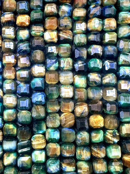 Galaxy tiger eye stone bead. Faceted 8mm cube shape bead . Gorgeous green multi color tiger eye gemstone .Unique looking tiger eye bead