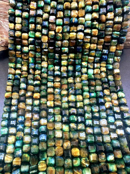 Galaxy tiger eye stone bead. Faceted 8mm cube shape bead . Gorgeous green multi color tiger eye gemstone .Unique looking tiger eye bead