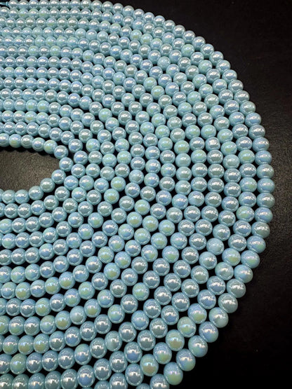 Beautiful Sky Blue Crystal Glass Pearl Bead. Round shape bead. Gorgeous high quality crystal bead! Full strand 15.5"