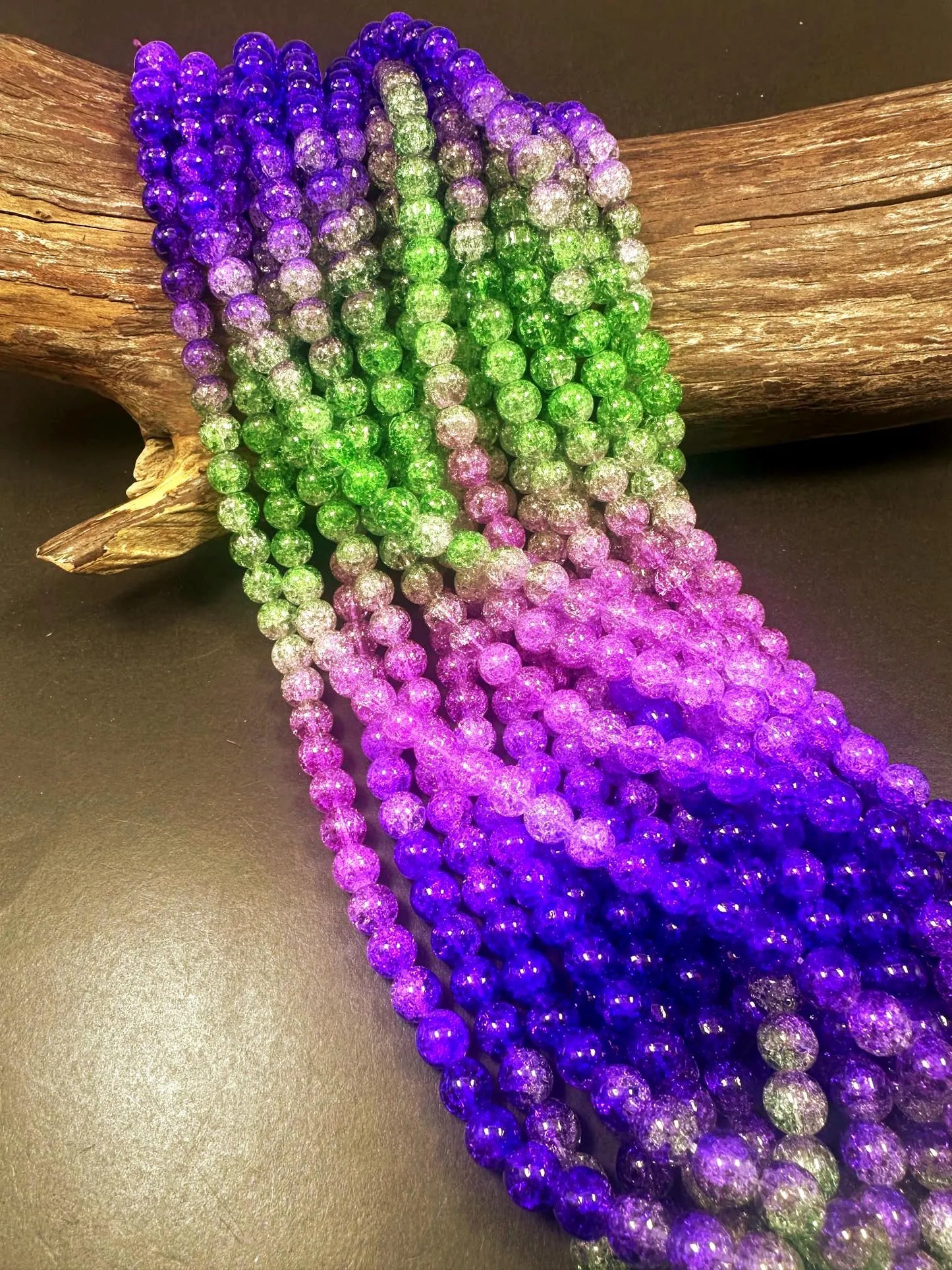 Gorgeous Purple Green Pink Three Shaded Crystal Crack Bead Smooth Round Shape High Quality 15.5"
