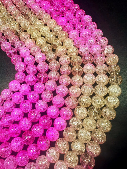 Gorgeous Pink Yellow Two Shaded Crystal Crack Bead Smooth Round Shape High Quality 15.5"