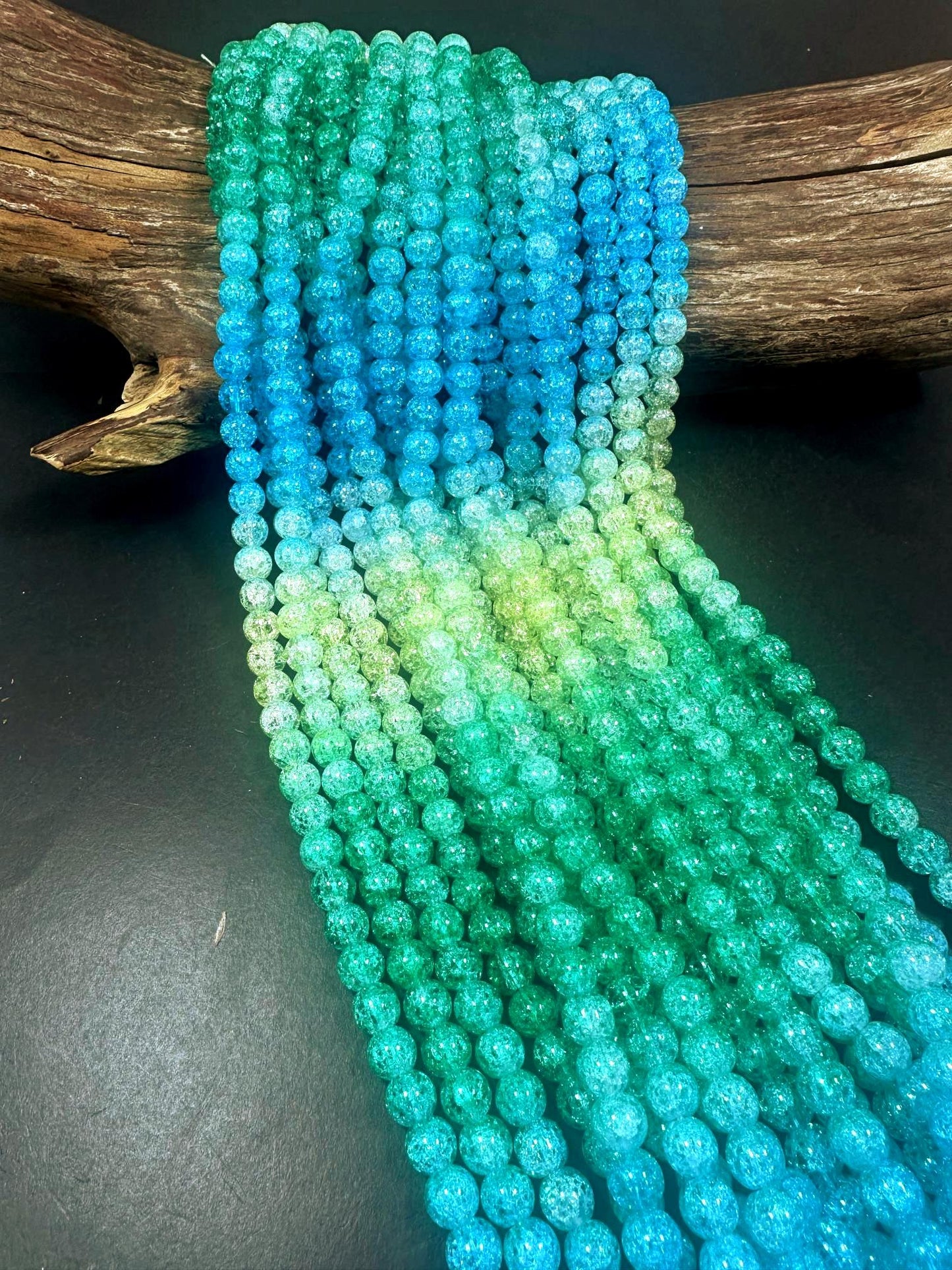 Gorgeous Turquoise Green Blue Yellow Three Shaded Crystal Crack Bead Smooth Round Shape High Quality 15.5"
