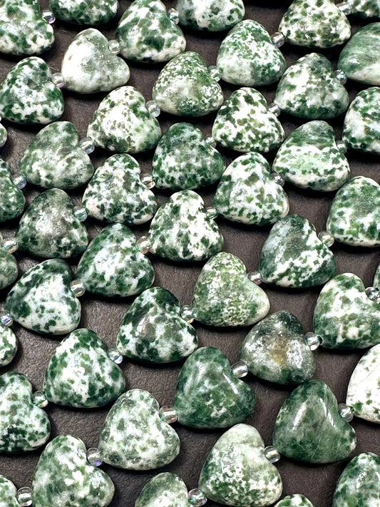 Natural Tree Agate Heart Shaped Bead 14mm. Gorgeous green white color gemstone bead. Great quality 15"