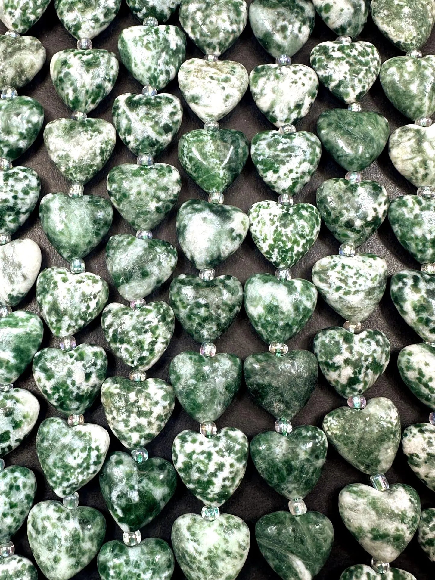 Natural Tree Agate Heart Shaped Bead 14mm. Gorgeous green white color gemstone bead. Great quality 15"