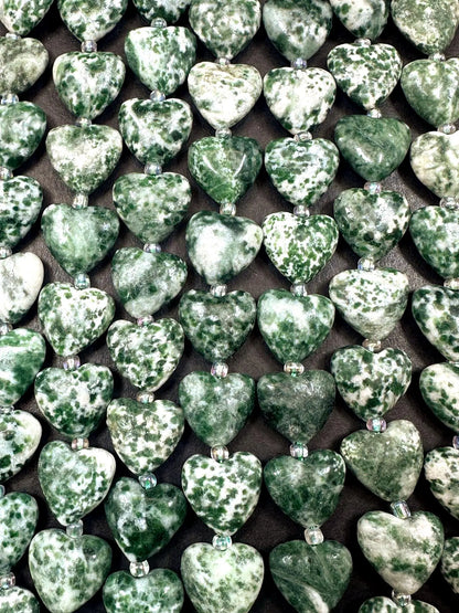 Natural Tree Agate Heart Shaped Bead 14mm. Gorgeous green white color gemstone bead. Great quality 15"