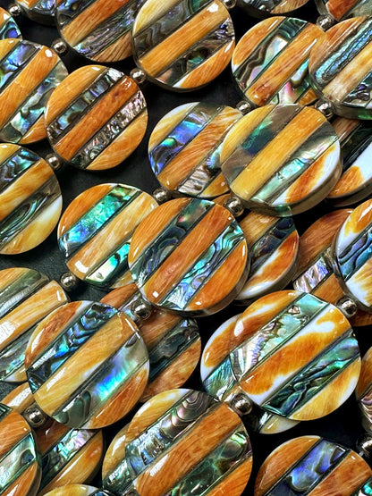 Guaranteed 100% 20x20mm natural spiny oyster shell with abalone coin shape bead 15.5'' strand Unique look! Super nice quality!