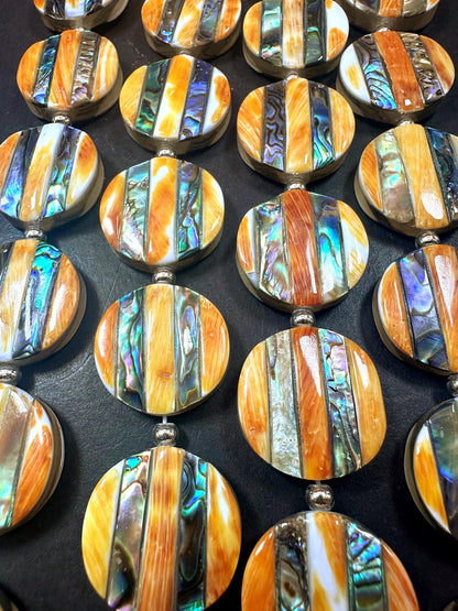Guaranteed 100% 20x20mm natural spiny oyster shell with abalone coin shape bead 15.5'' strand Unique look! Super nice quality!
