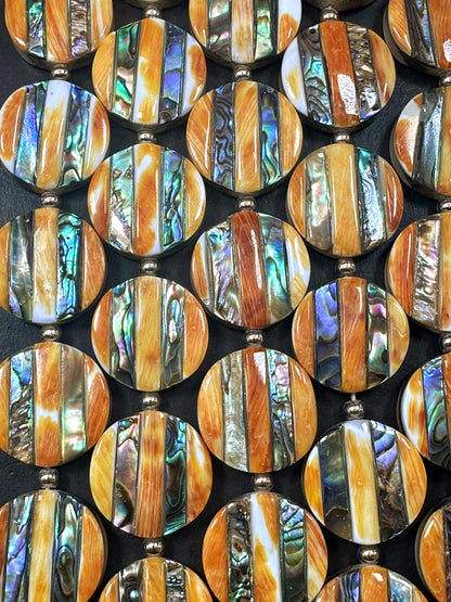 Guaranteed 100% 20x20mm natural spiny oyster shell with abalone coin shape bead 15.5'' strand Unique look! Super nice quality!