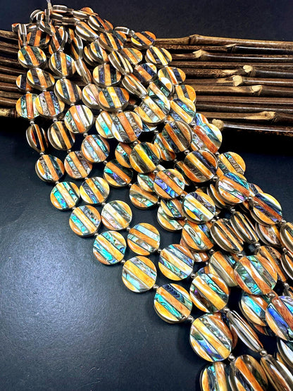 Guaranteed 100% 20x20mm natural spiny oyster shell with abalone coin shape bead 15.5'' strand Unique look! Super nice quality!