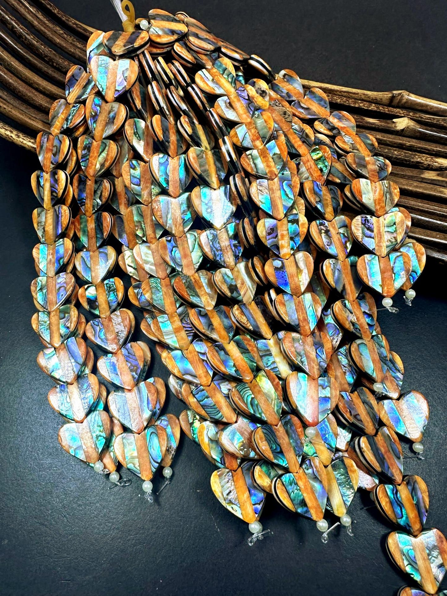 AAA Quality Natural Spiny Oyster Shell with Abalone Heart Beads, 20x20mm, 7.5" Strand