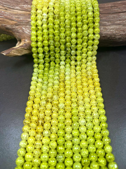 Gorgeous Olive-Yellow Two Shaded Crystal Crack Bead Smooth Round Shape High Quality 15.5"