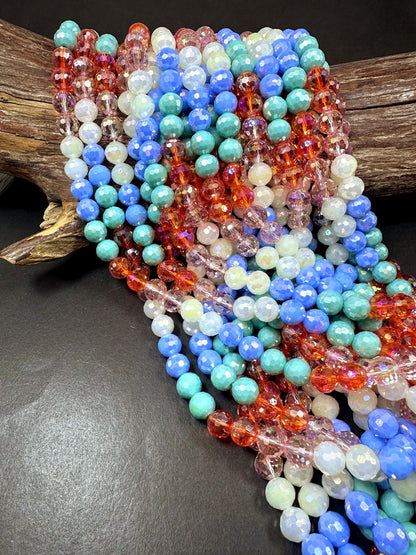 Beautiful Multicolor Crystal Glass Bead (White, Light Blue, Mint Green, Orange, Pink) 10mm Faceted Round Shape Bead. High Quality 15.5"