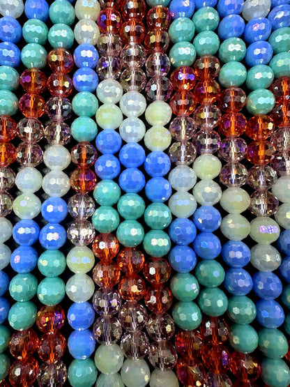 Beautiful Multicolor Crystal Glass Bead (White, Light Blue, Mint Green, Orange, Pink) 10mm Faceted Round Shape Bead. High Quality 15.5"