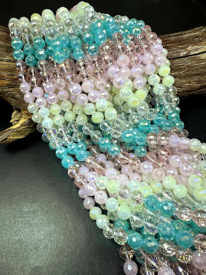 Beautiful Multicolor Crystal Glass Bead (White, Light Pink, Clear Pink, Blue Green, Clear) 10mm Faceted Round Shape Bead. High Quality 15.5"