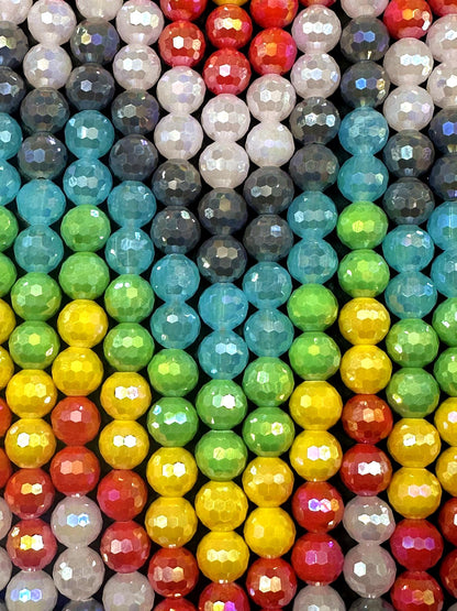 Beautiful Multicolor Rainbow Crystal Glass Bead (Yellow, Green, Blue, Purple, Pink, Red) 10mm Faceted Round Shape Bead. High Quality 15.5"