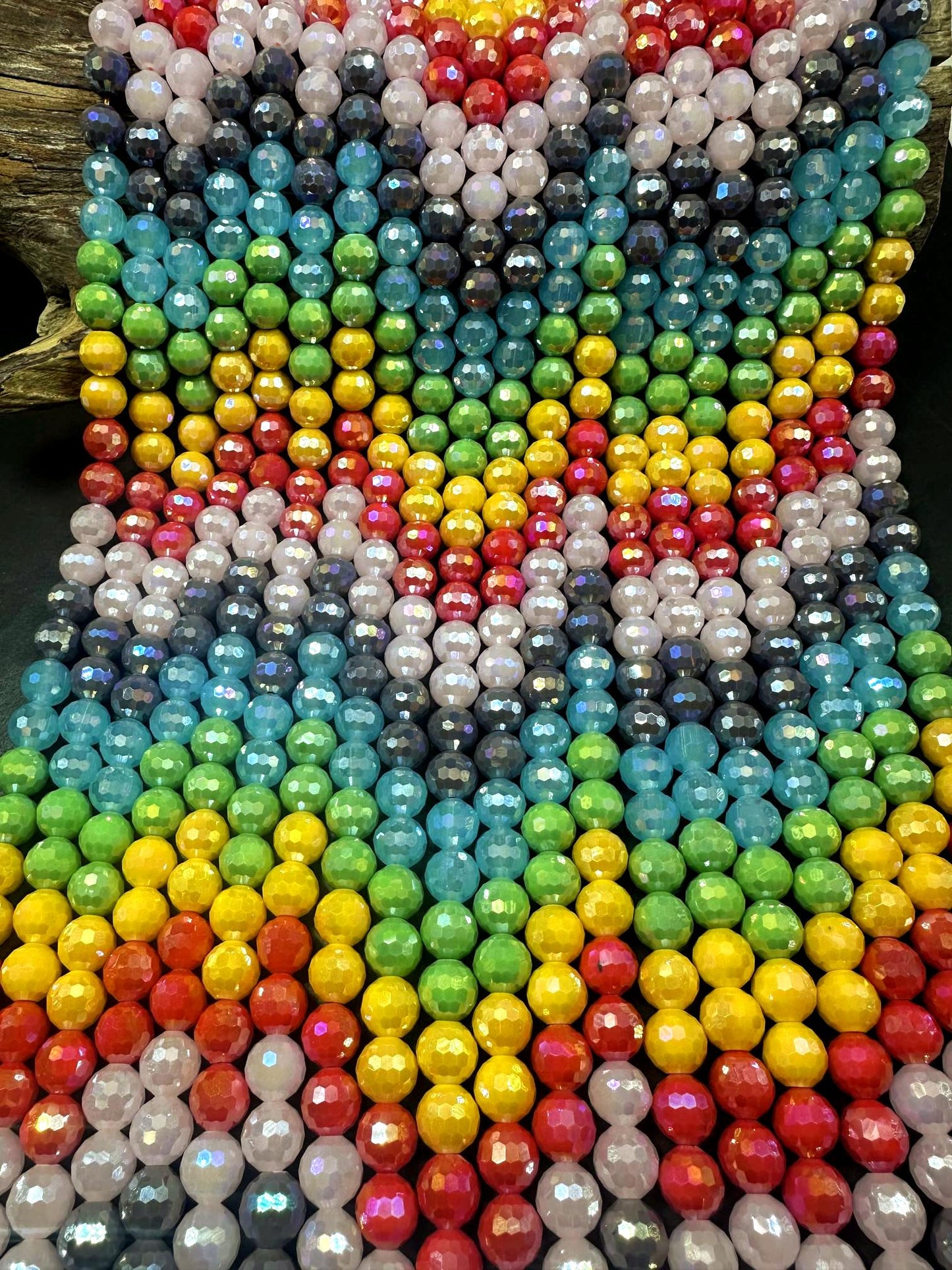 Beautiful Multicolor Rainbow Crystal Glass Bead (Yellow, Green, Blue, Purple, Pink, Red) 10mm Faceted Round Shape Bead. High Quality 15.5"