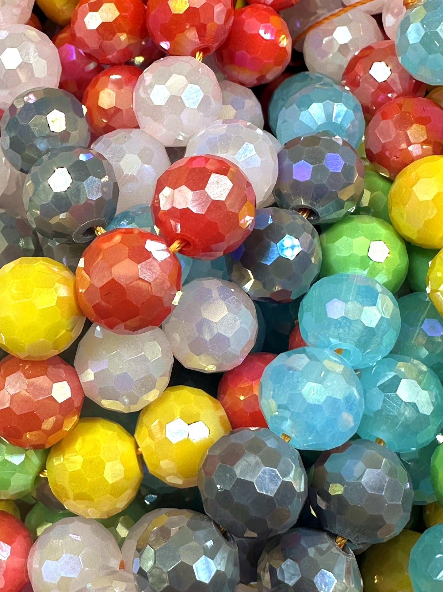 Beautiful Multicolor Rainbow Crystal Glass Bead (Yellow, Green, Blue, Purple, Pink, Red) 10mm Faceted Round Shape Bead. High Quality 15.5"