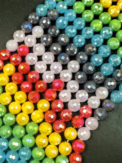 Beautiful Multicolor Rainbow Crystal Glass Bead (Yellow, Green, Blue, Purple, Pink, Red) 10mm Faceted Round Shape Bead. High Quality 15.5"