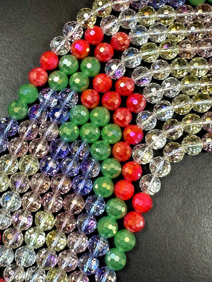 Beautiful Multicolor Crystal Glass Bead (White, Baby Blue, Mint Green, Orange, Clear Pink) 10mm Faceted Round Shape Bead. High Quality 15.5"