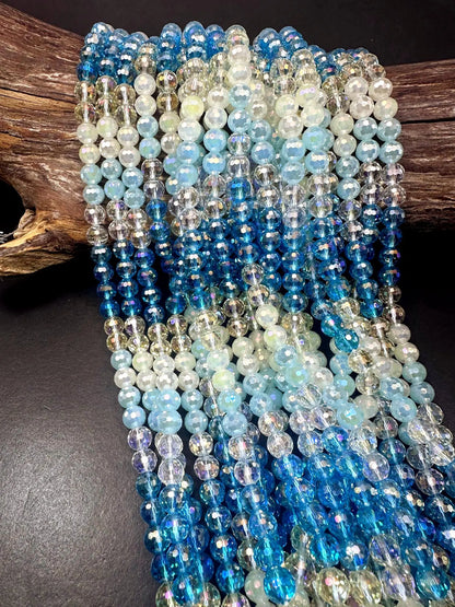 Beautiful Multicolor Crystal Glass Bead (White, Baby Blue, Blue, Clear Yellow, Clear) 10mm Faceted Round Shape Bead. High Quality 15.5"