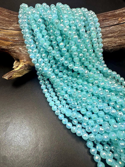 Beautiful Crystal glass bead. 8mm Faceted round shape bead. Gorgeous Aquamarine color, high quality crystal bead! Full strand 15"