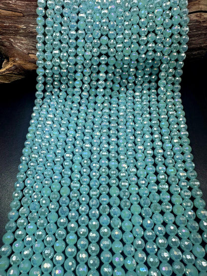 Beautiful Crystal glass bead. 8mm Faceted round shape bead. Gorgeous Aquamarine color, high quality crystal bead! Full strand 15"
