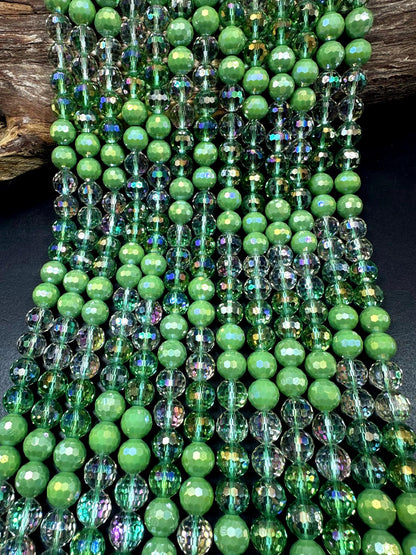 Beautiful Multicolor Crystal Glass Bead (Light Green. Clear Green, Clear) Faceted Round Shape Bead. High Quality 15.5"