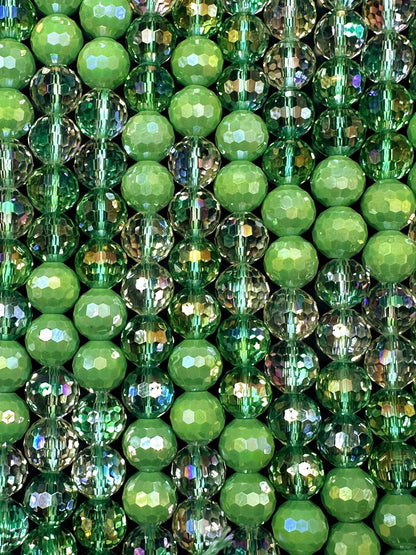 Beautiful Multicolor Crystal Glass Bead (Light Green. Clear Green, Clear) Faceted Round Shape Bead. High Quality 15.5"